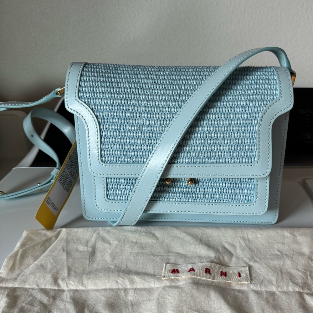 Marni Trunk bag Leather/raffia  Light Blue Medium NWT